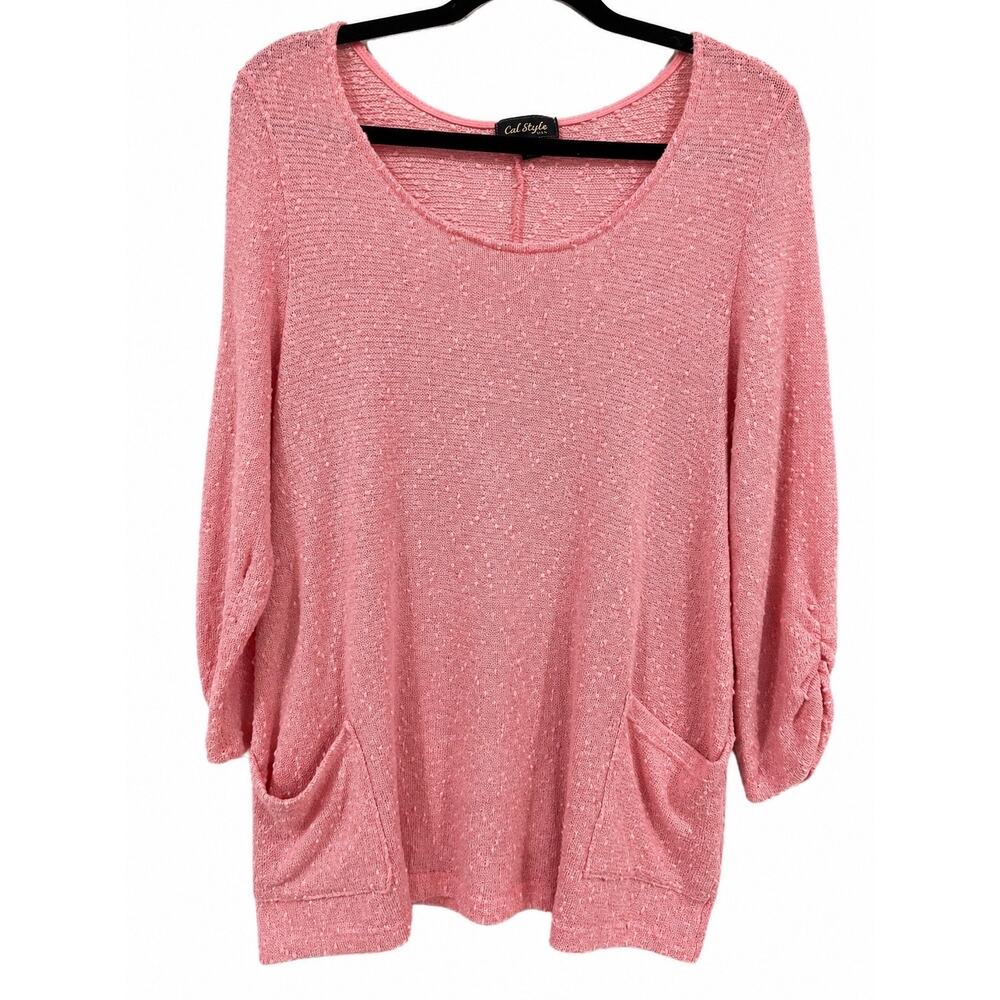 Cal Style USA Pink Boucle Knit Top XL Boho Coastal Grandma Ruched Sleeve Pockets